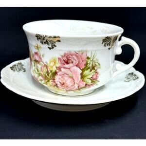 Tea Cup & Saucer Set,No Markings,Pink Peonies, Gold Clusters,No Chips Or Crazing